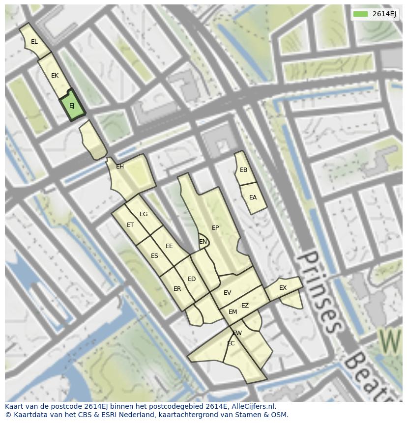 Afbeelding van het postcodegebied 2614 EJ op de kaart.