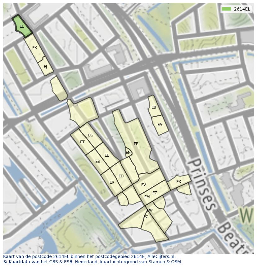 Afbeelding van het postcodegebied 2614 EL op de kaart.