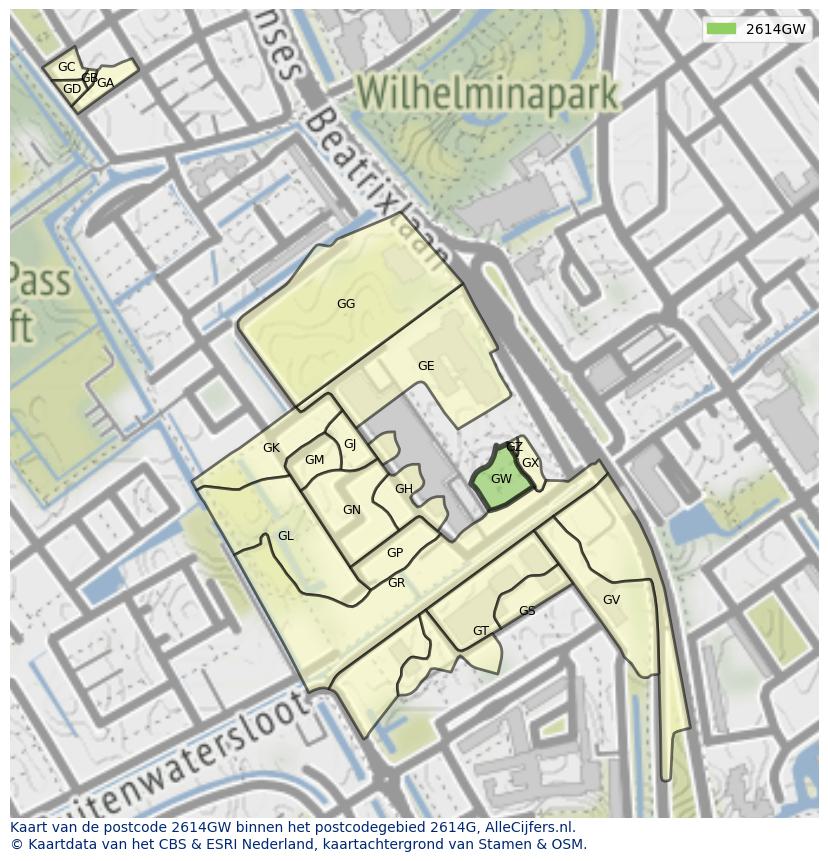 Afbeelding van het postcodegebied 2614 GW op de kaart.
