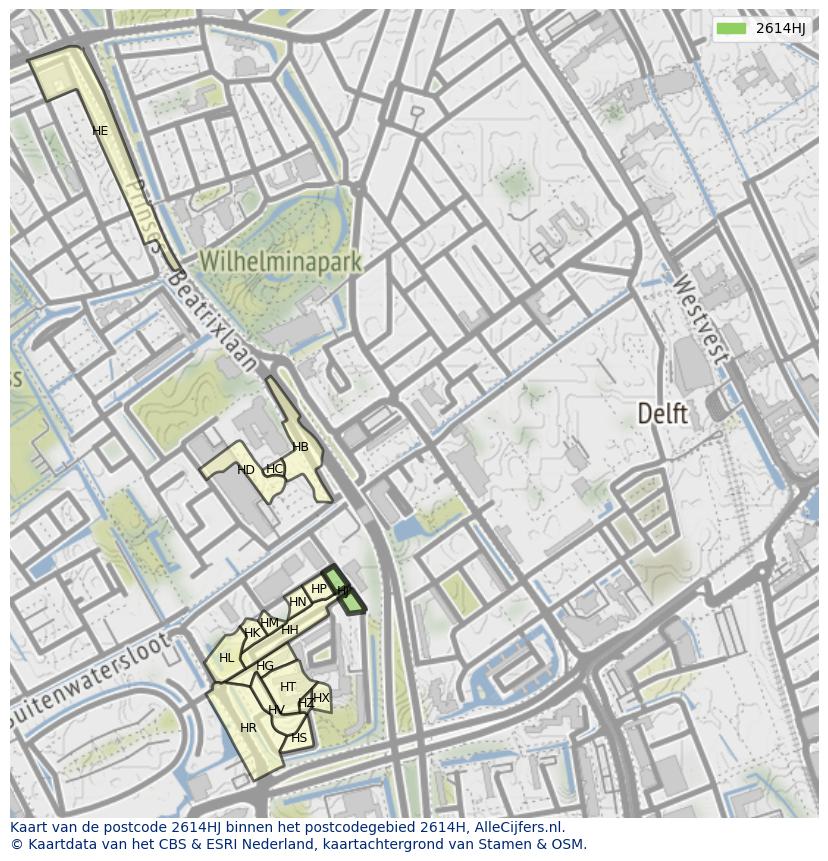 Afbeelding van het postcodegebied 2614 HJ op de kaart.