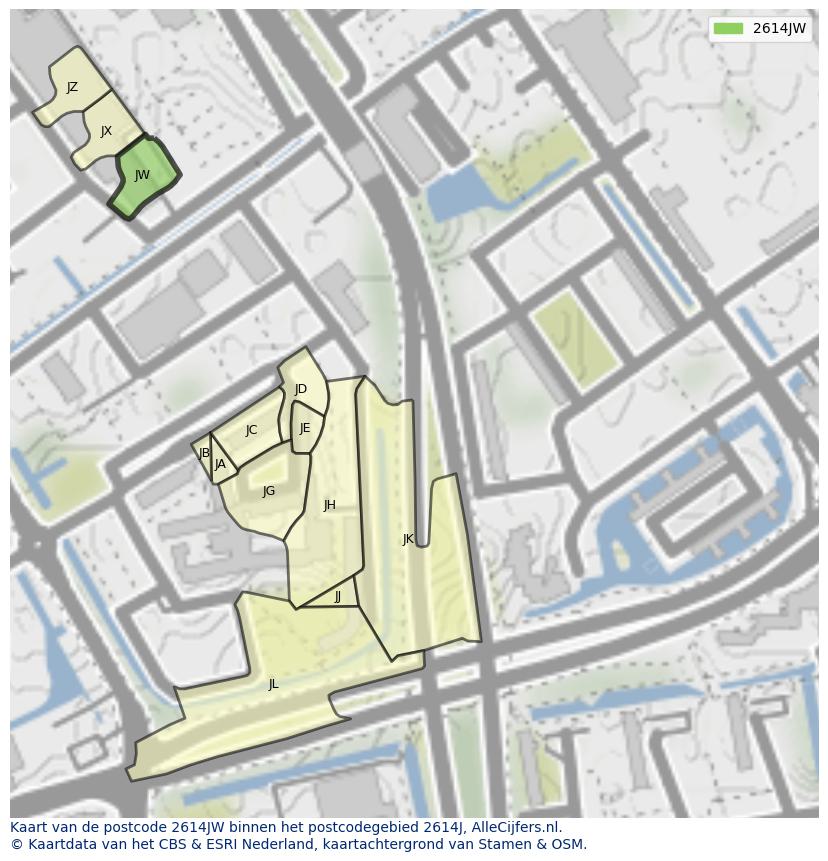 Afbeelding van het postcodegebied 2614 JW op de kaart.