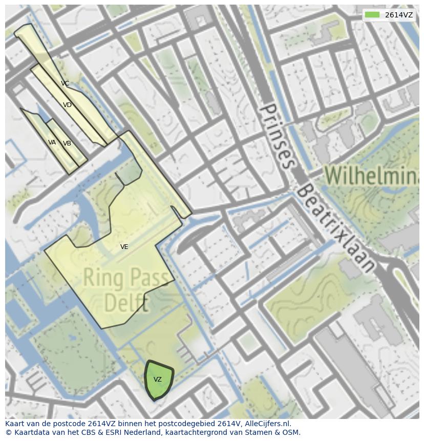 Afbeelding van het postcodegebied 2614 VZ op de kaart.