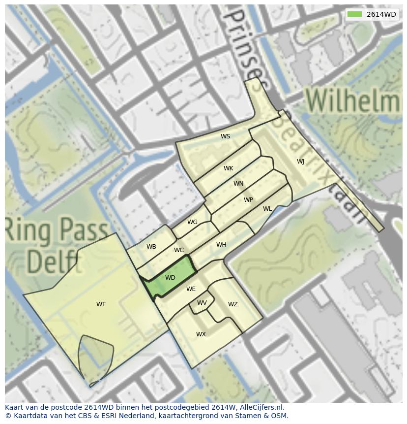 Afbeelding van het postcodegebied 2614 WD op de kaart.