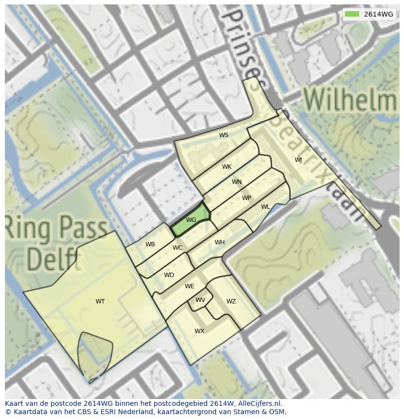 Afbeelding van het postcodegebied 2614 WG op de kaart.