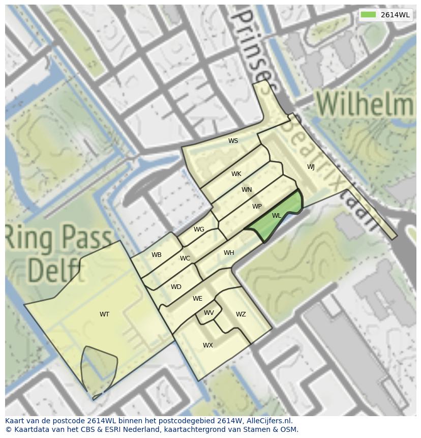 Afbeelding van het postcodegebied 2614 WL op de kaart.