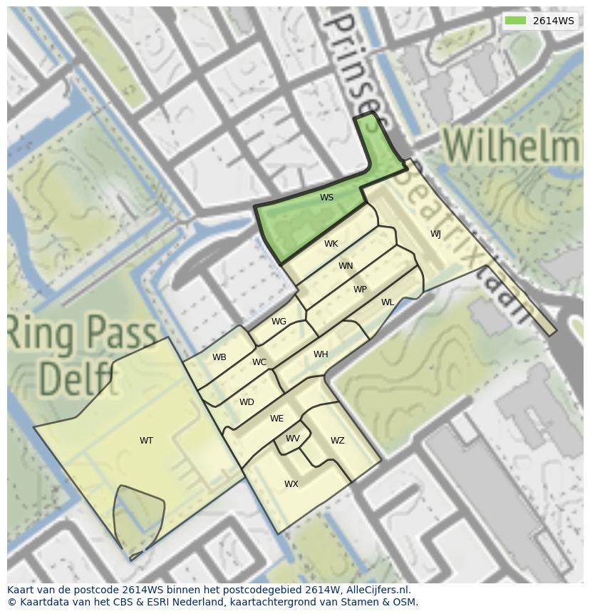 Afbeelding van het postcodegebied 2614 WS op de kaart.