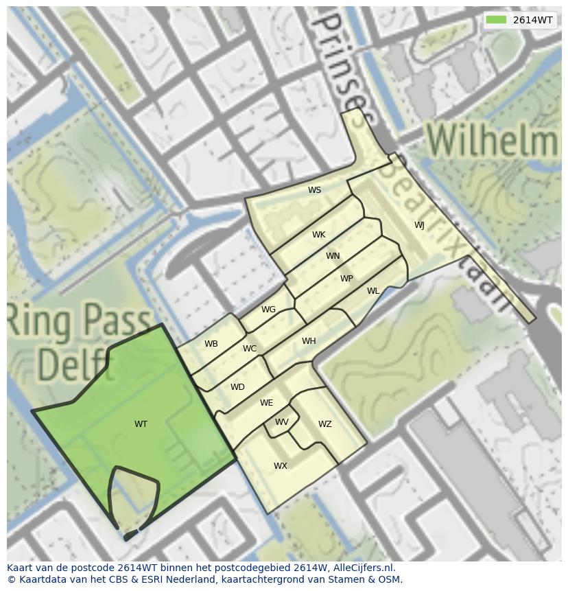 Afbeelding van het postcodegebied 2614 WT op de kaart.