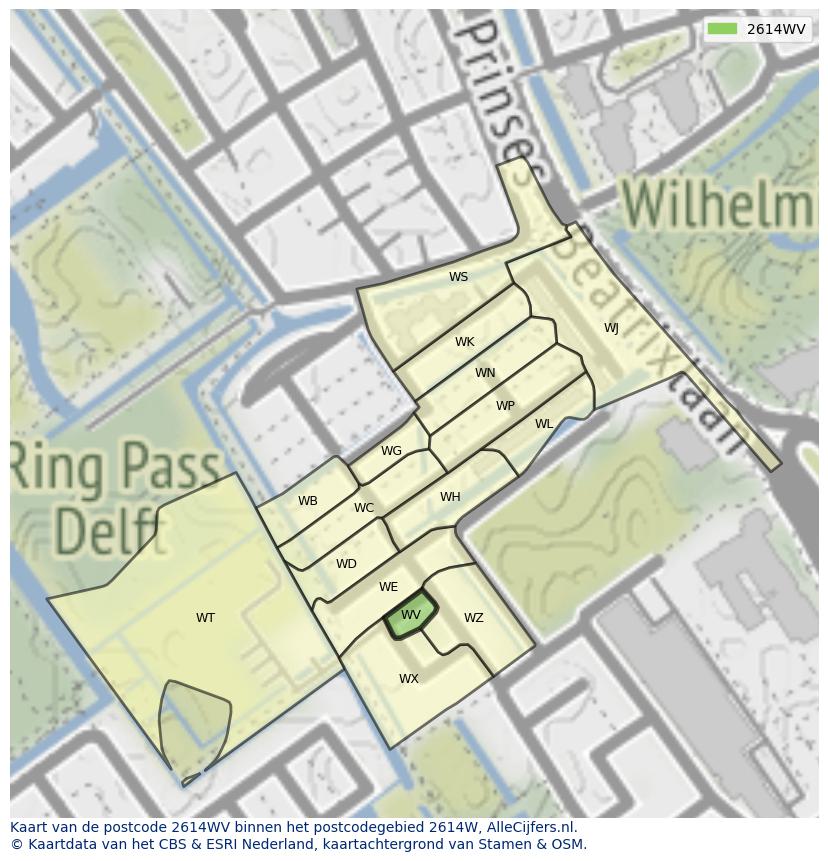 Afbeelding van het postcodegebied 2614 WV op de kaart.