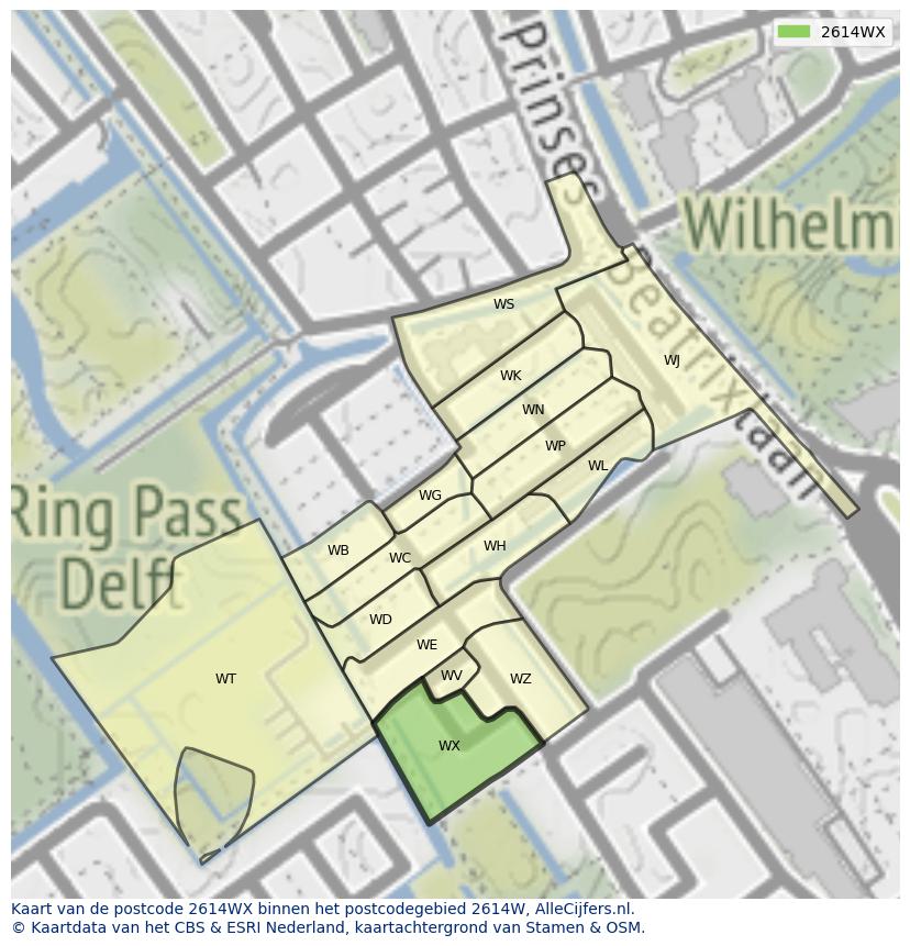 Afbeelding van het postcodegebied 2614 WX op de kaart.