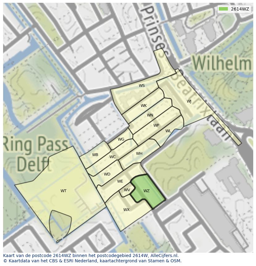 Afbeelding van het postcodegebied 2614 WZ op de kaart.