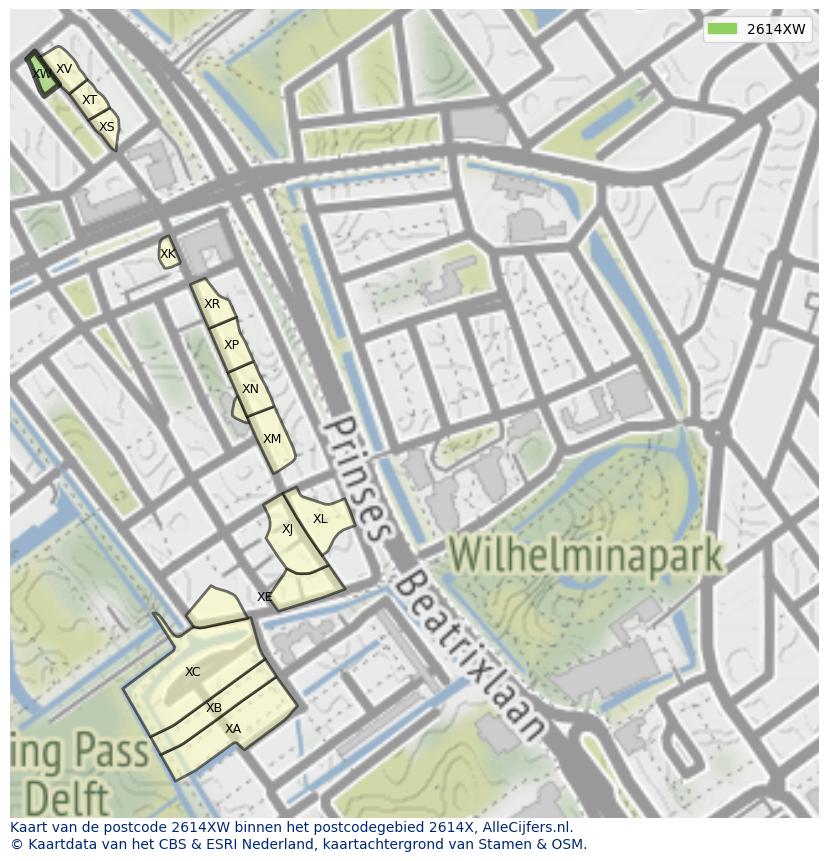 Afbeelding van het postcodegebied 2614 XW op de kaart.