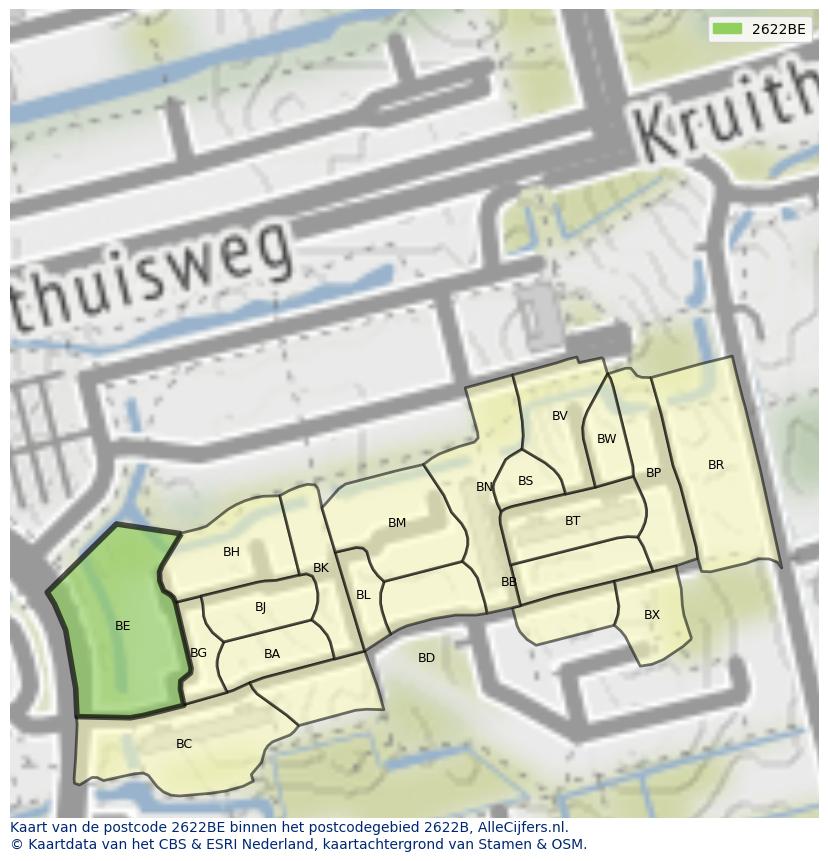 Afbeelding van het postcodegebied 2622 BE op de kaart.