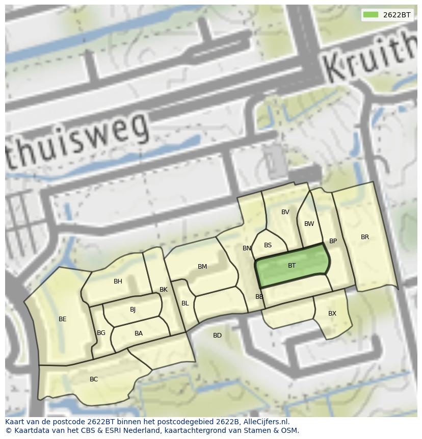 Afbeelding van het postcodegebied 2622 BT op de kaart.