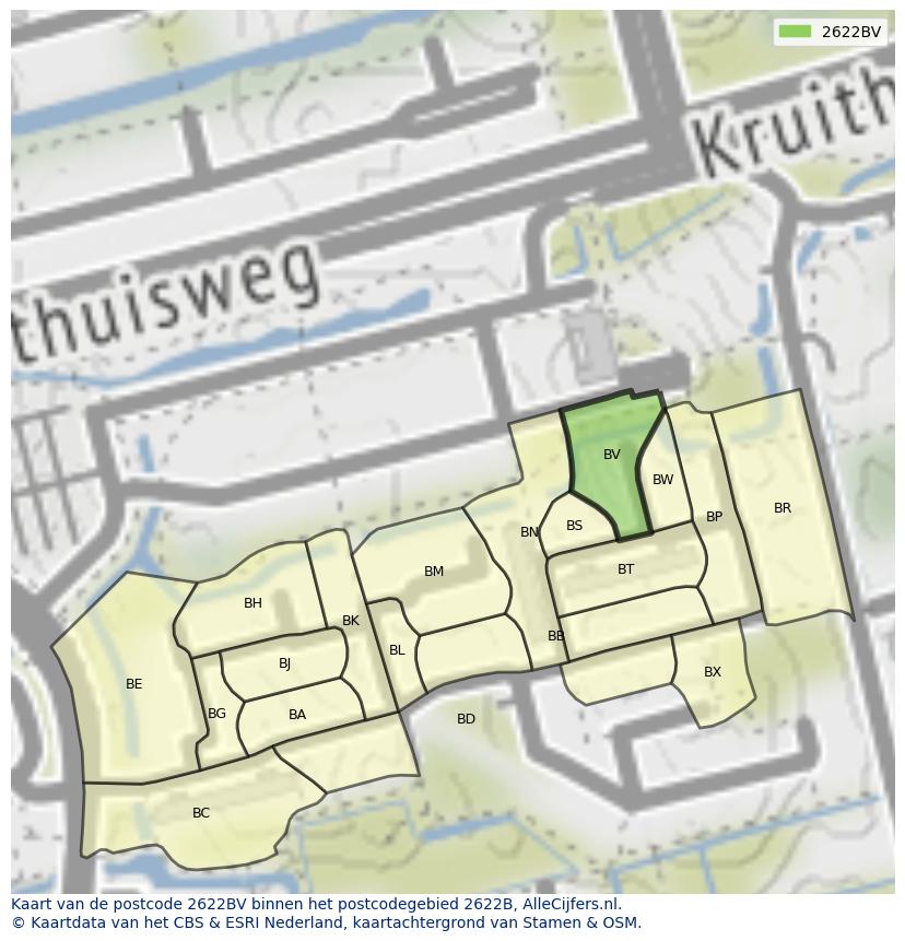 Afbeelding van het postcodegebied 2622 BV op de kaart.