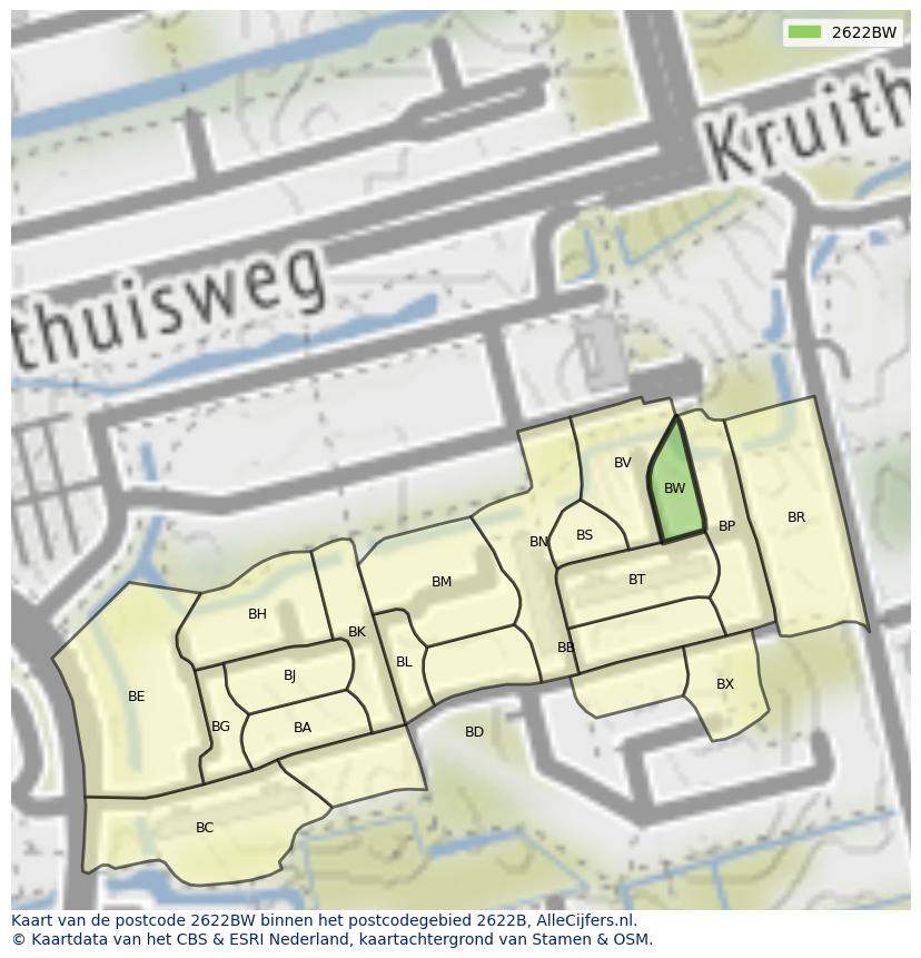 Afbeelding van het postcodegebied 2622 BW op de kaart.