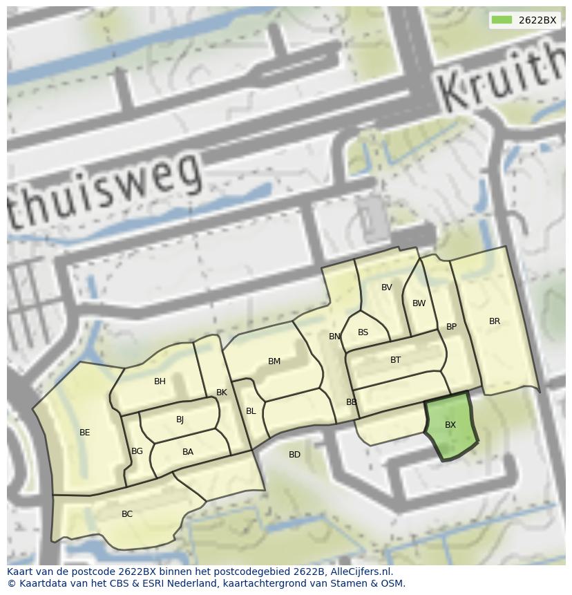 Afbeelding van het postcodegebied 2622 BX op de kaart.