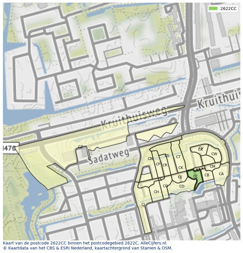 Afbeelding van het postcodegebied 2622 CC op de kaart.
