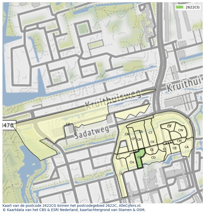 Afbeelding van het postcodegebied 2622 CG op de kaart.