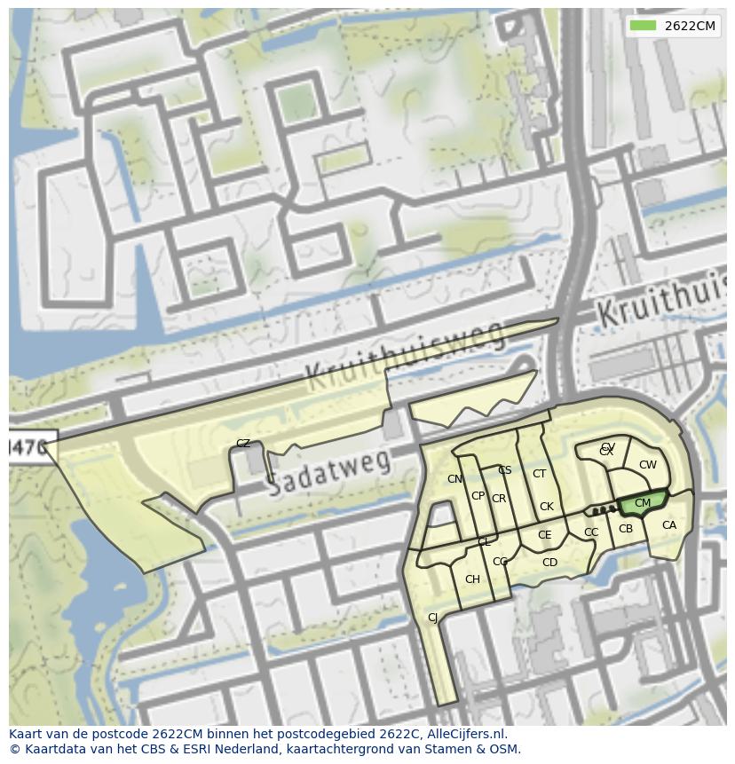 Afbeelding van het postcodegebied 2622 CM op de kaart.