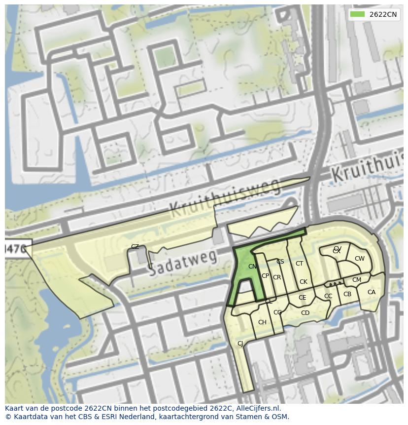 Afbeelding van het postcodegebied 2622 CN op de kaart.