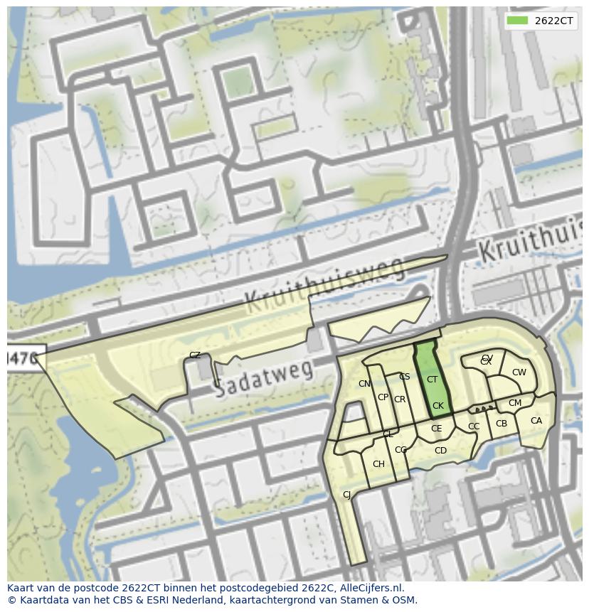 Afbeelding van het postcodegebied 2622 CT op de kaart.