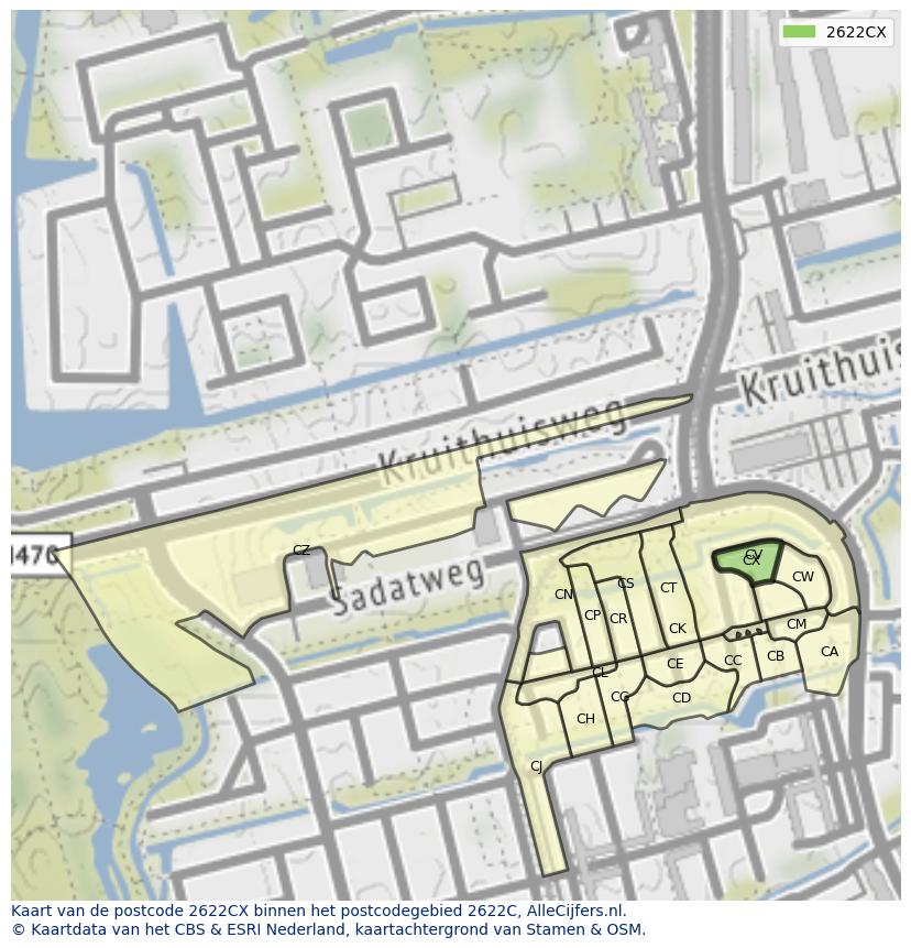Afbeelding van het postcodegebied 2622 CX op de kaart.