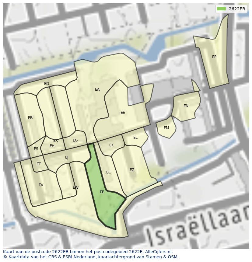 Afbeelding van het postcodegebied 2622 EB op de kaart.