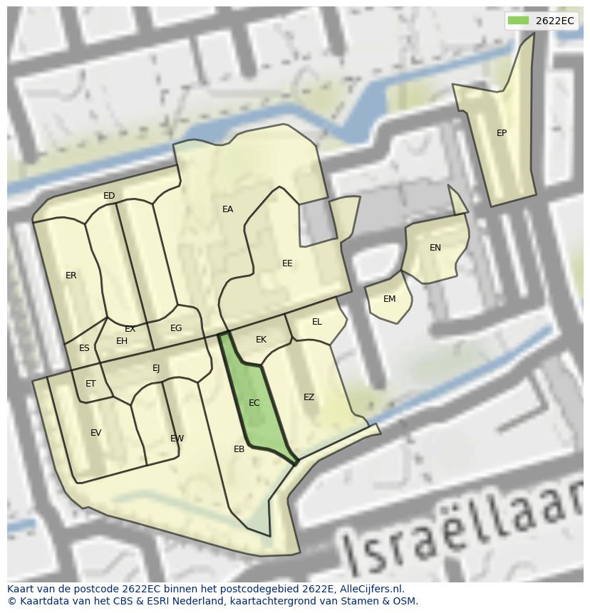 Afbeelding van het postcodegebied 2622 EC op de kaart.