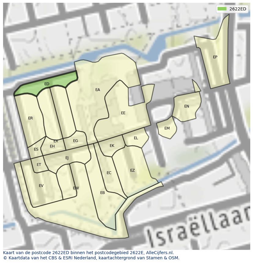 Afbeelding van het postcodegebied 2622 ED op de kaart.