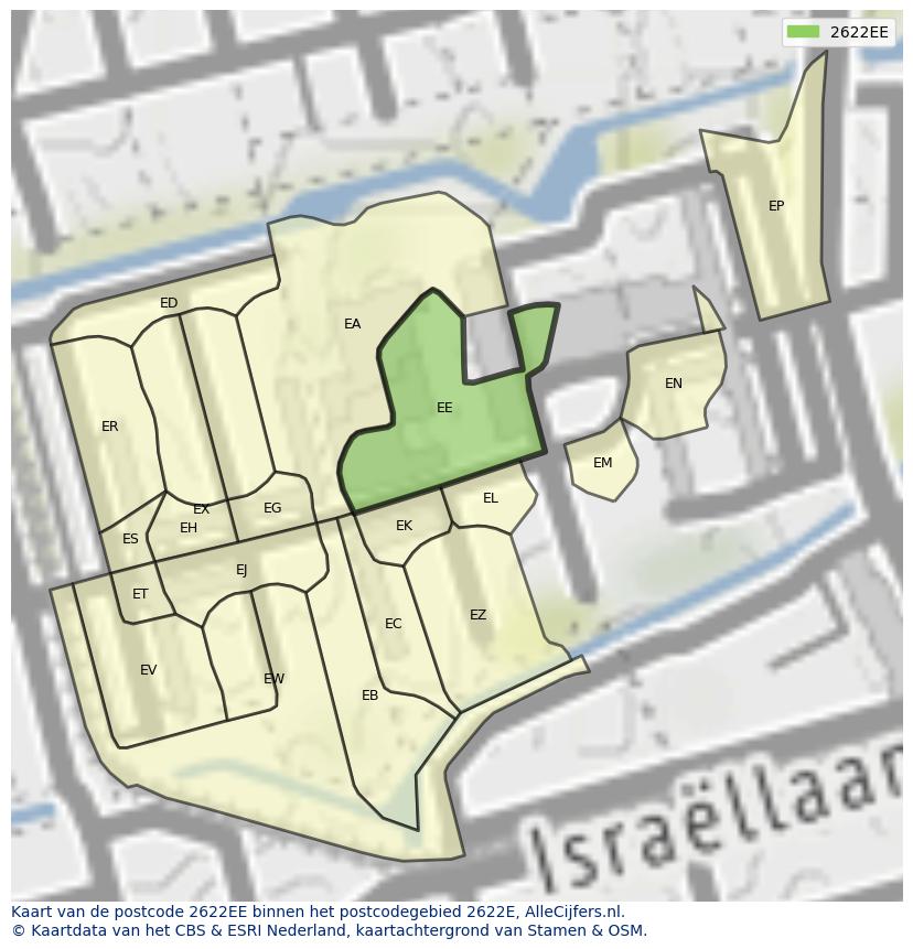 Afbeelding van het postcodegebied 2622 EE op de kaart.