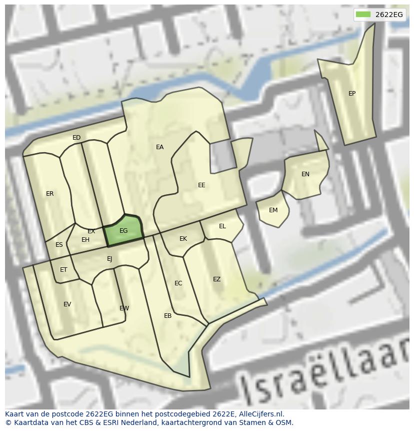 Afbeelding van het postcodegebied 2622 EG op de kaart.