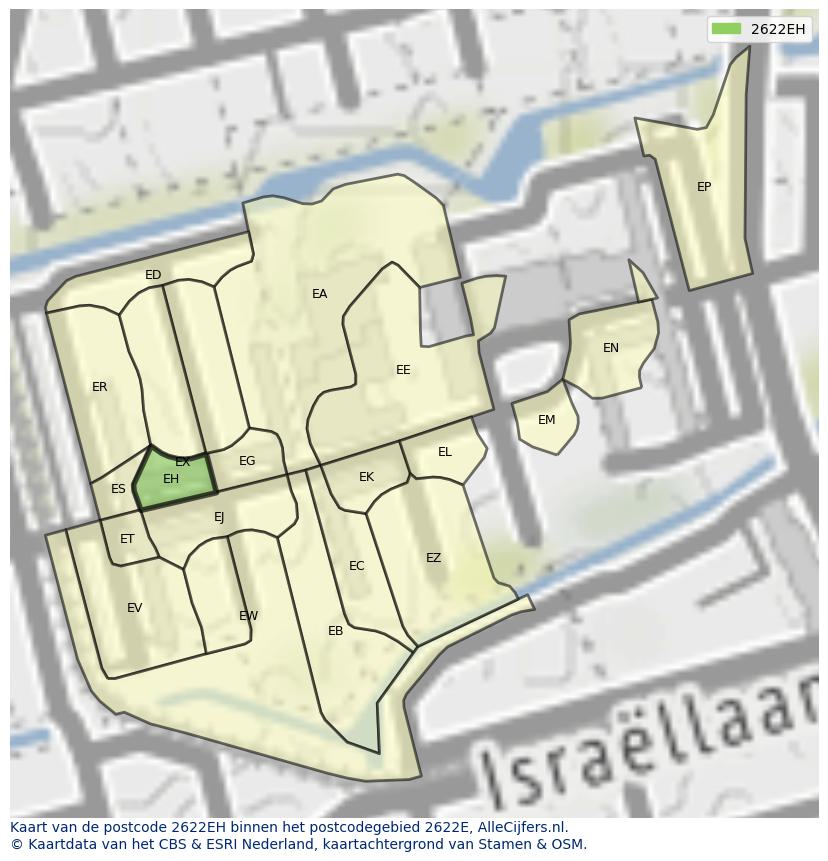 Afbeelding van het postcodegebied 2622 EH op de kaart.