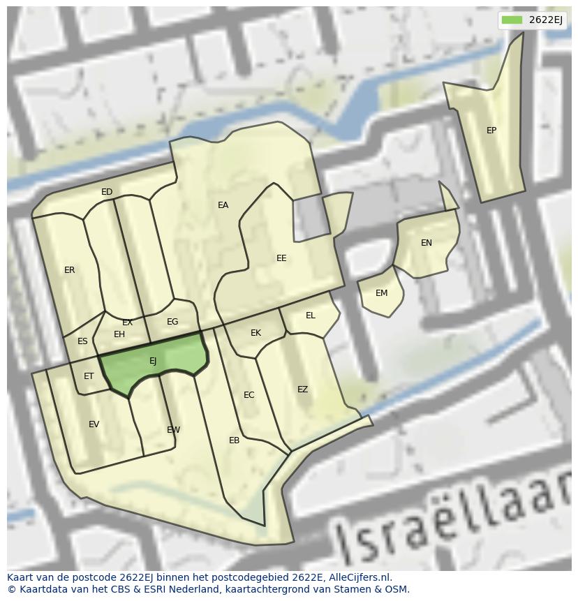 Afbeelding van het postcodegebied 2622 EJ op de kaart.