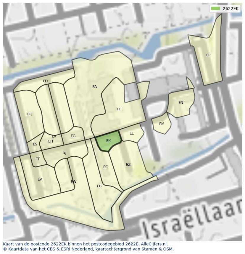 Afbeelding van het postcodegebied 2622 EK op de kaart.