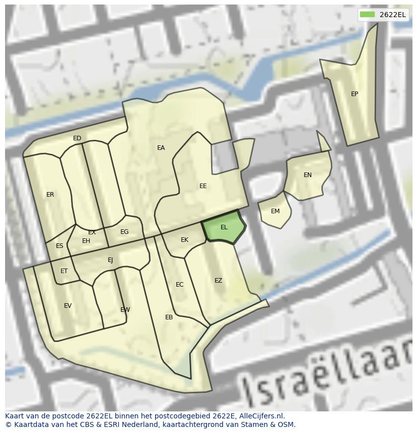 Afbeelding van het postcodegebied 2622 EL op de kaart.