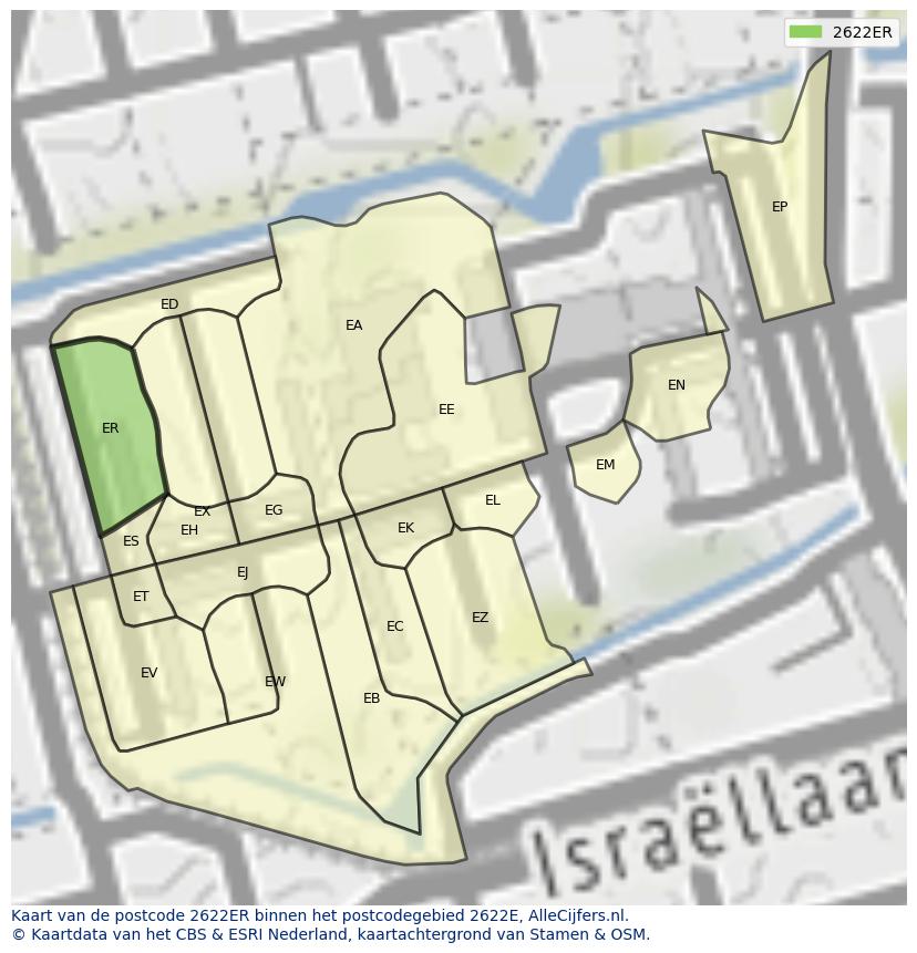 Afbeelding van het postcodegebied 2622 ER op de kaart.
