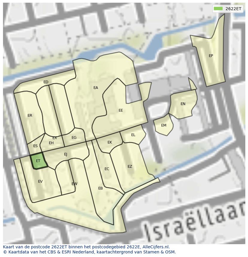 Afbeelding van het postcodegebied 2622 ET op de kaart.