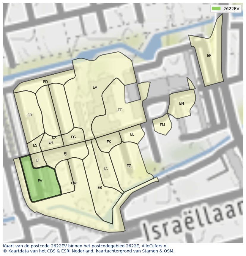 Afbeelding van het postcodegebied 2622 EV op de kaart.