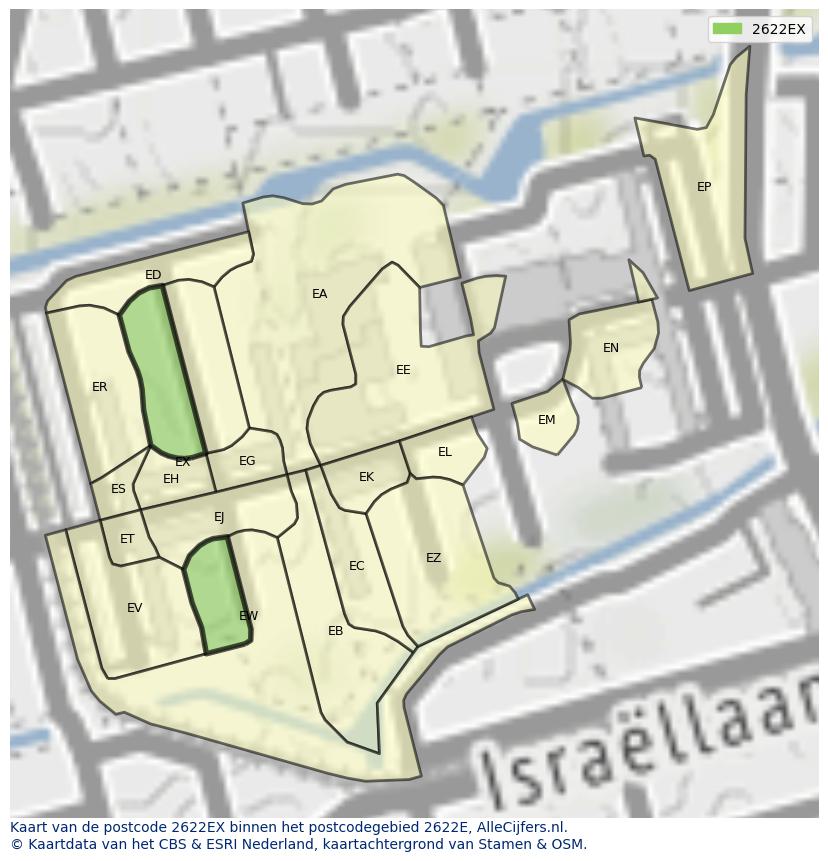 Afbeelding van het postcodegebied 2622 EX op de kaart.