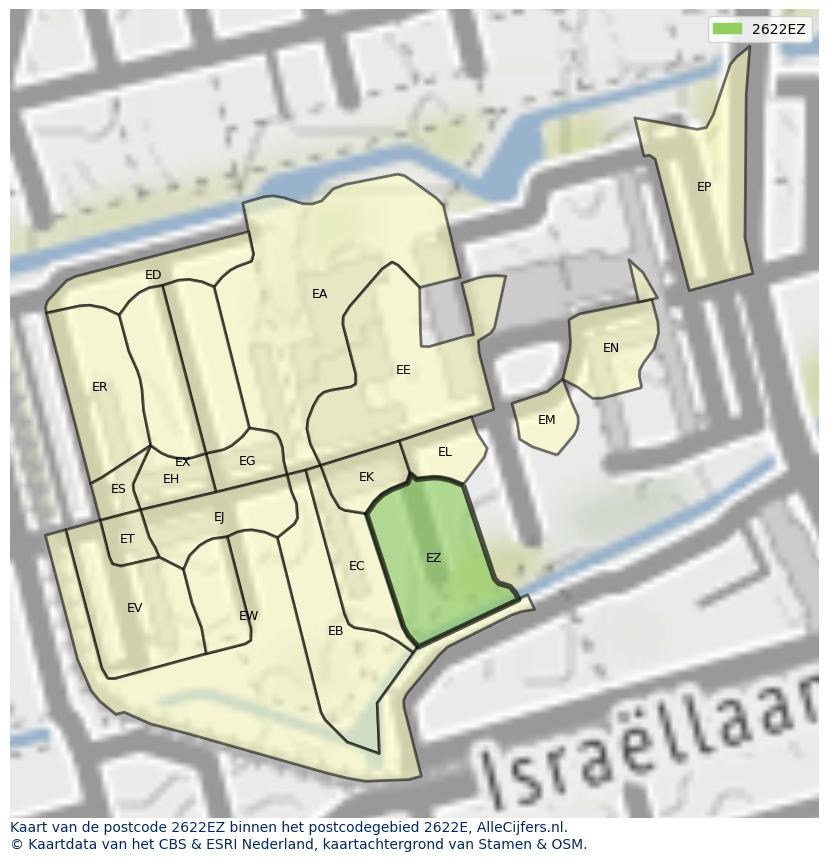 Afbeelding van het postcodegebied 2622 EZ op de kaart.