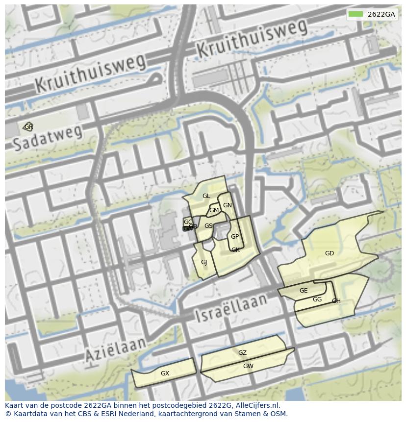 Afbeelding van het postcodegebied 2622 GA op de kaart.