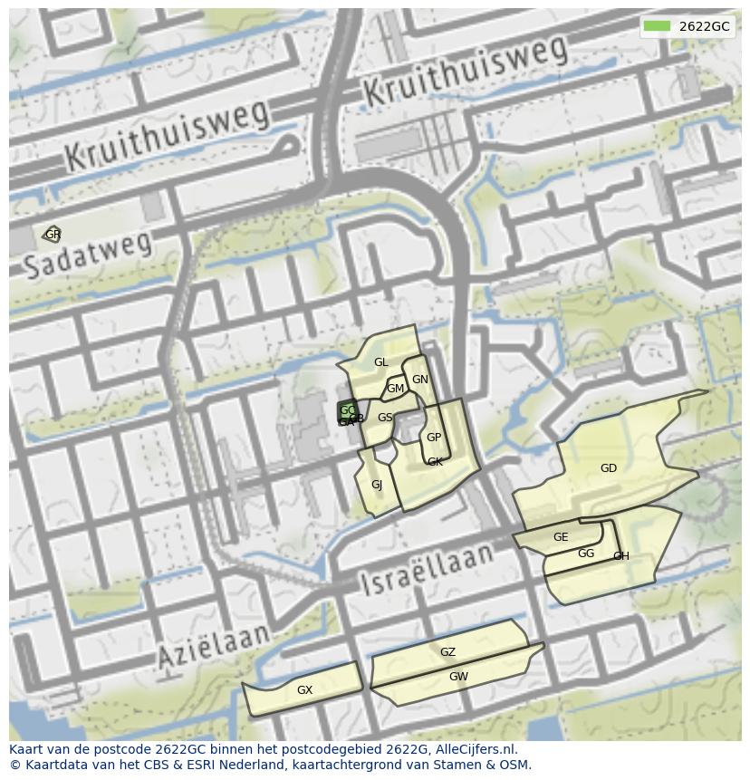 Afbeelding van het postcodegebied 2622 GC op de kaart.
