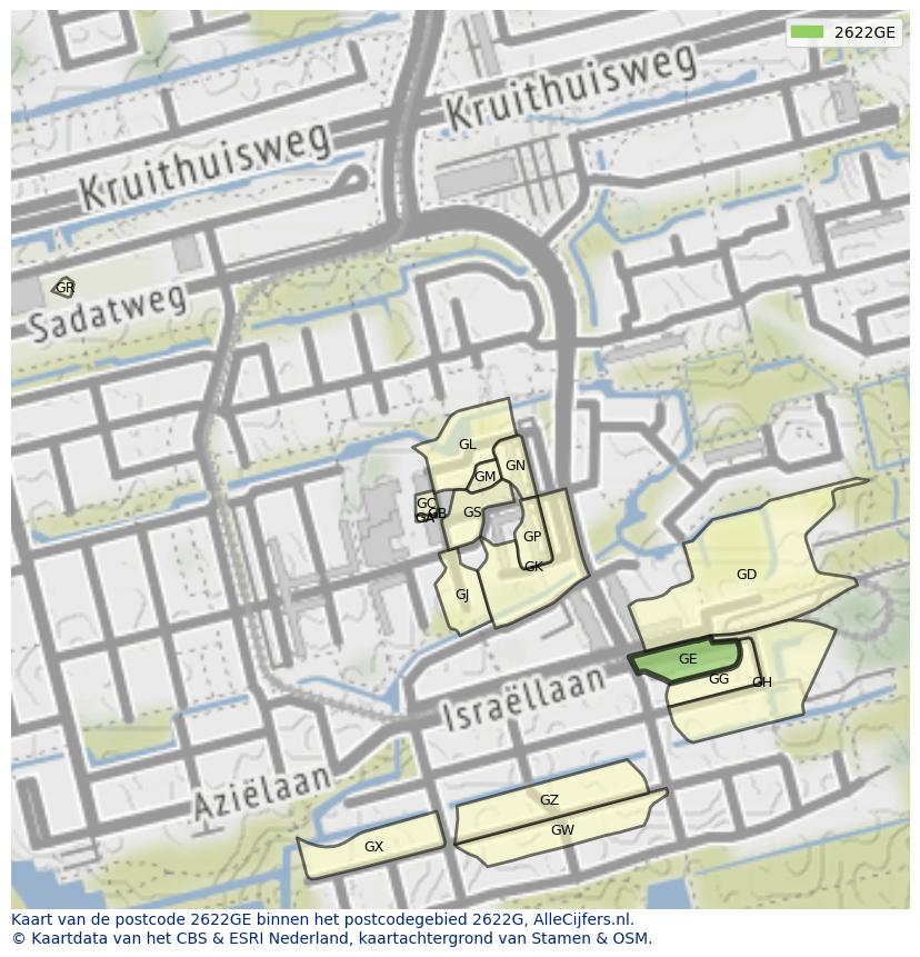 Afbeelding van het postcodegebied 2622 GE op de kaart.