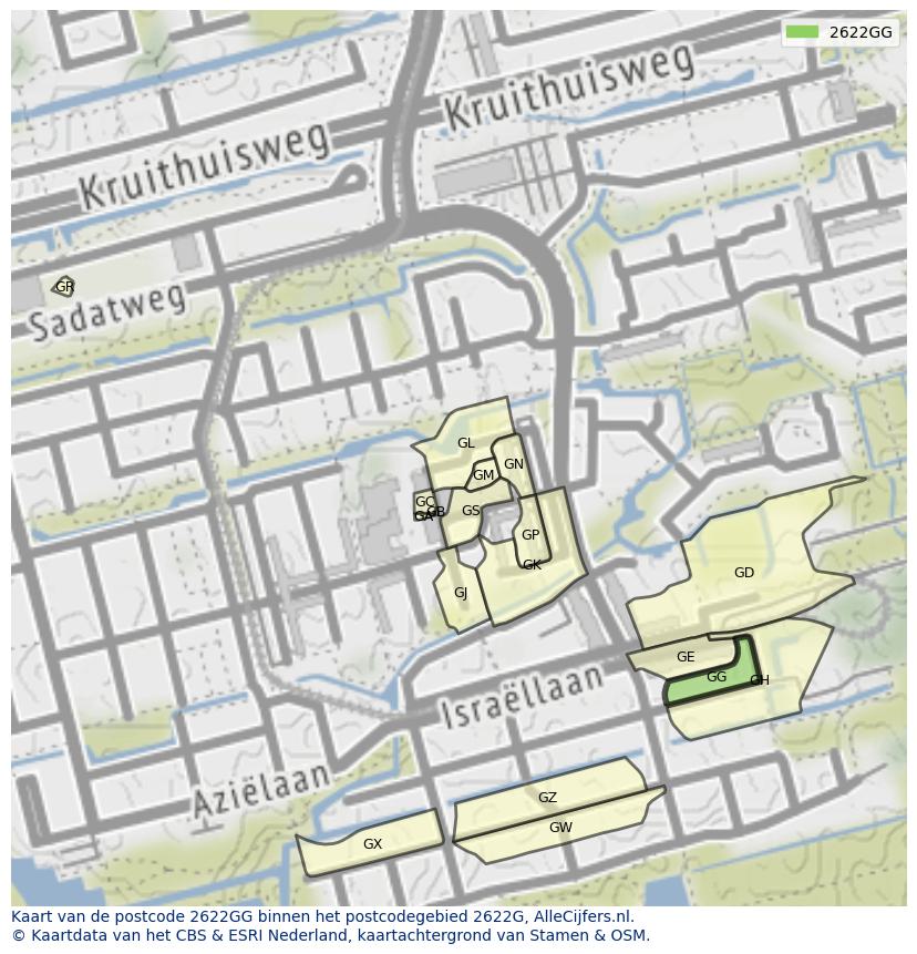 Afbeelding van het postcodegebied 2622 GG op de kaart.
