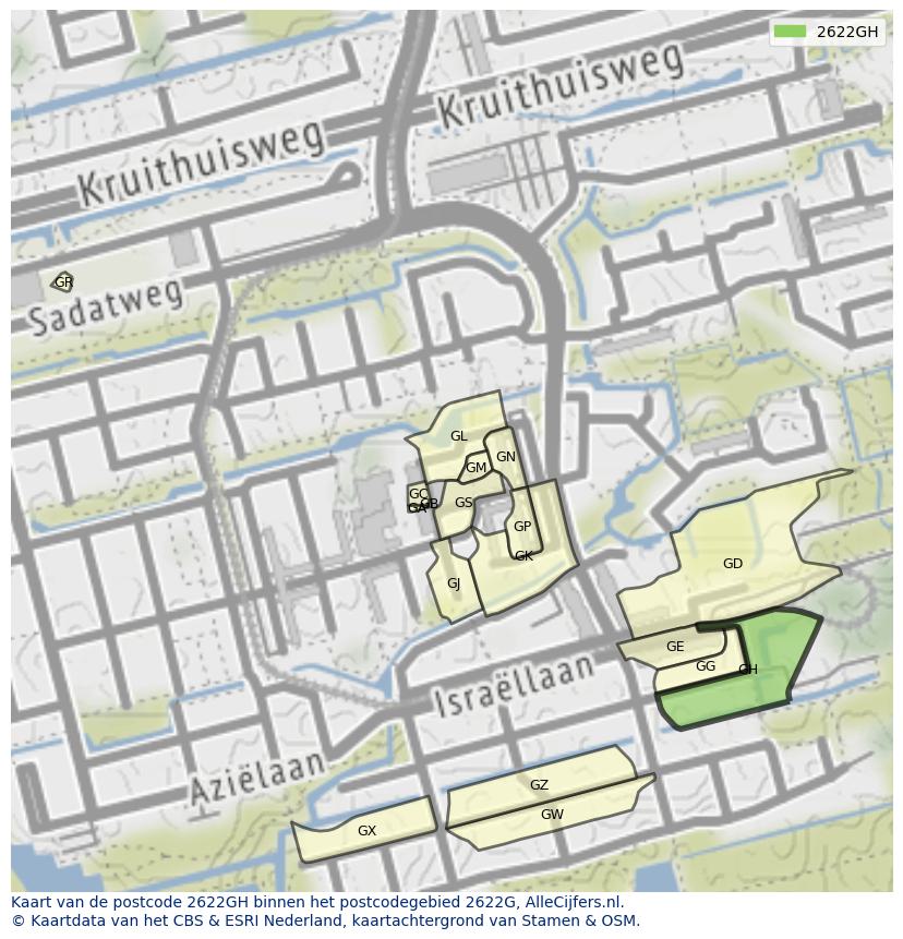 Afbeelding van het postcodegebied 2622 GH op de kaart.