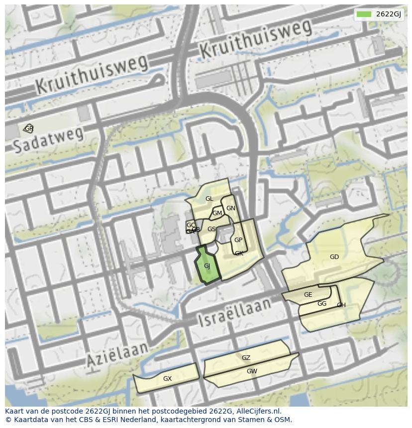 Afbeelding van het postcodegebied 2622 GJ op de kaart.