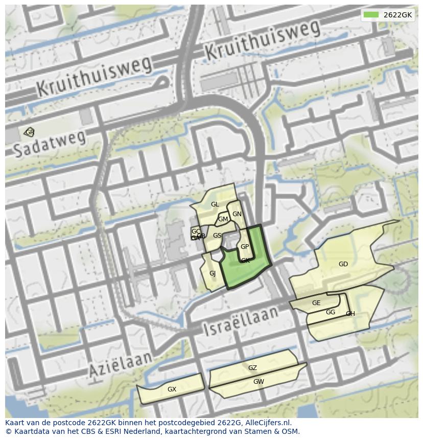 Afbeelding van het postcodegebied 2622 GK op de kaart.