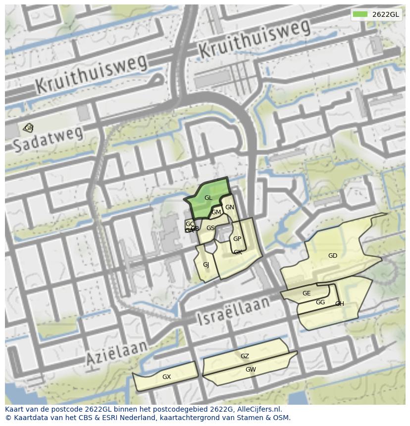 Afbeelding van het postcodegebied 2622 GL op de kaart.