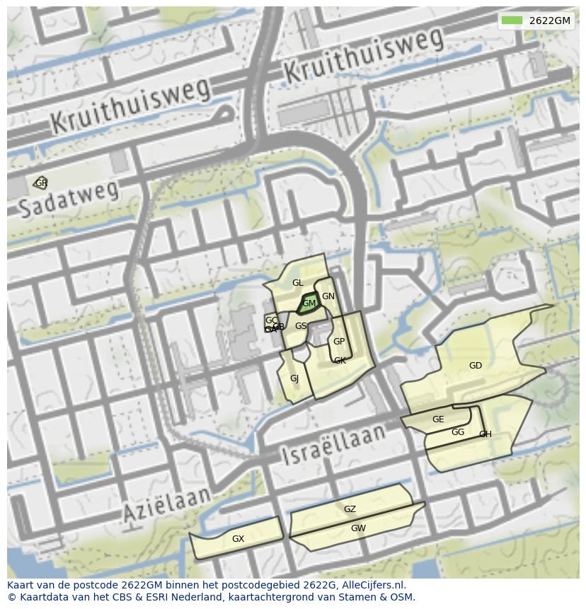 Afbeelding van het postcodegebied 2622 GM op de kaart.