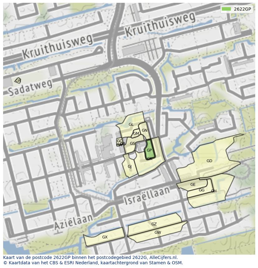 Afbeelding van het postcodegebied 2622 GP op de kaart.